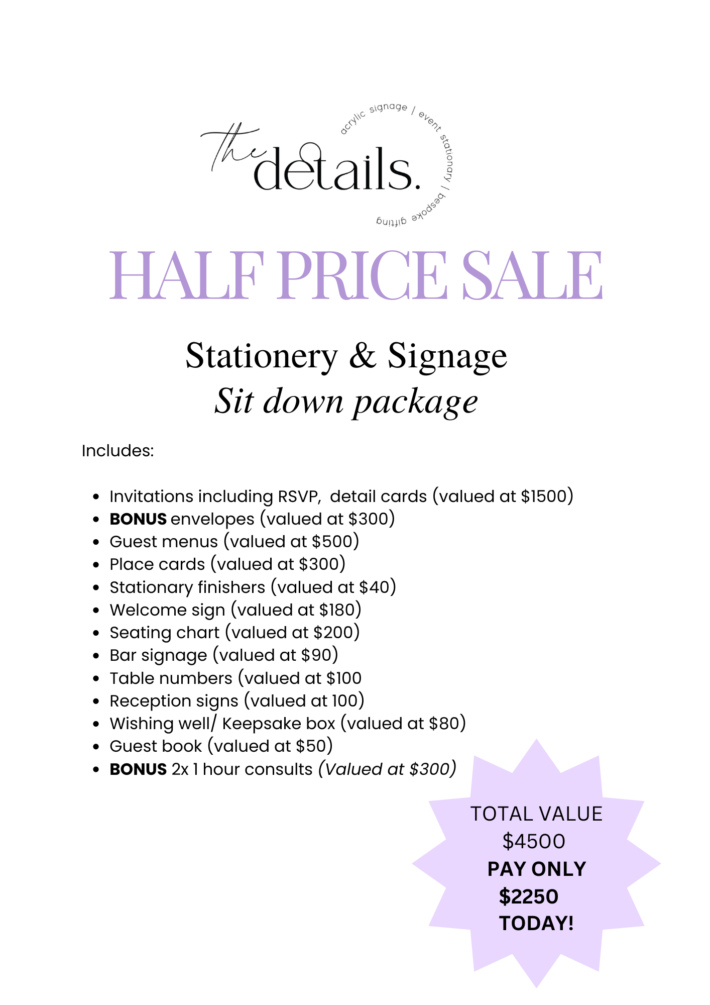 Sit down package HALF PRICE SALE